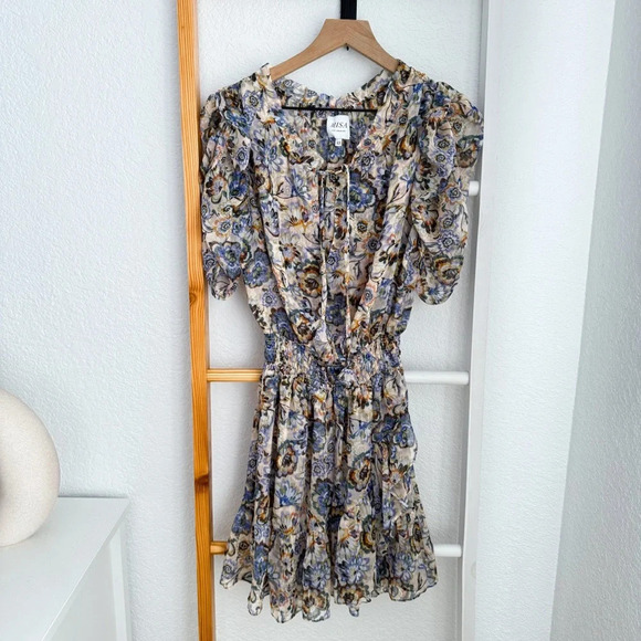 Misa Las Angles Kayla Mini Dress Sketched Floral Smocked Tie Neck - Picture 16 of 16